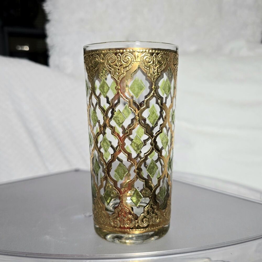 MCM Culver Valencia Cocktail Highball Drink Glass 22-kt Gold Green LOT 1